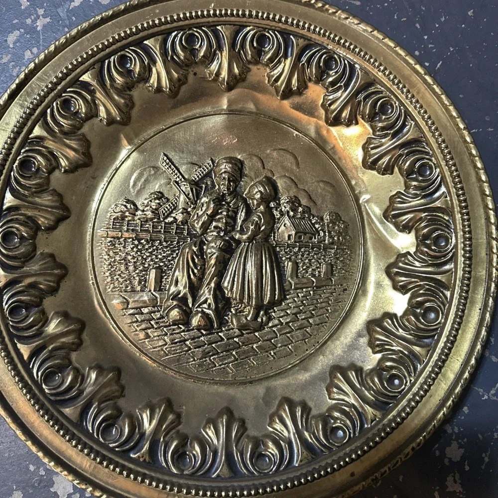 Vintage European Brass Wall Plates – Matched Pair Dutch  Scenes 12